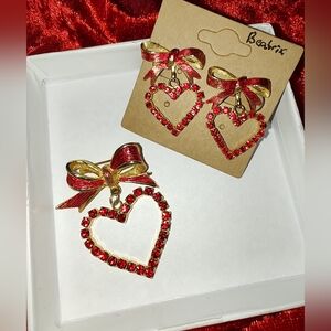Vintage Beatrix Red Bow With Dangling Red Rhinestone Heart Earrings & Brooch